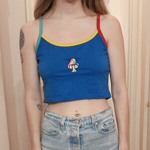 Colorful Blue Tank Top with Embroidered Mushroom Logo Medium